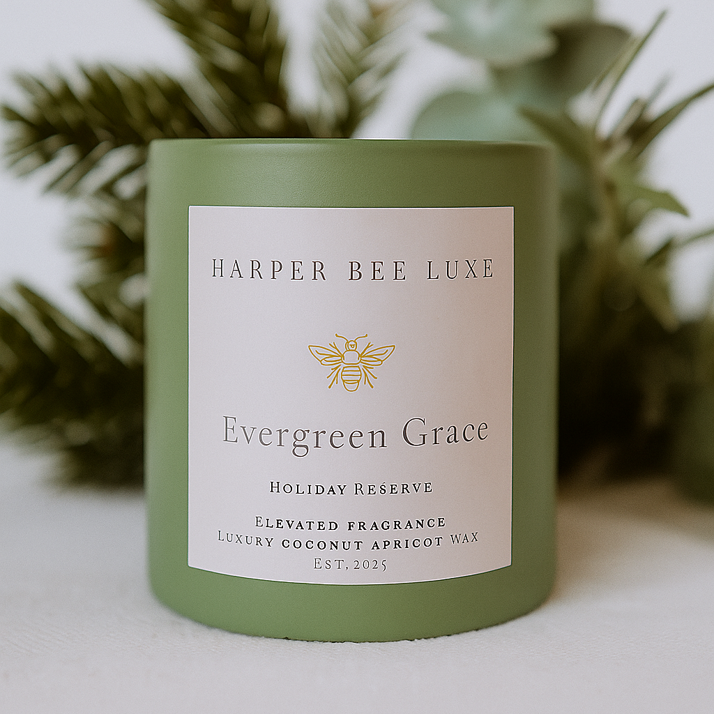 Harper Bee Luxe Evergreen Grace candle with green leaves in the background